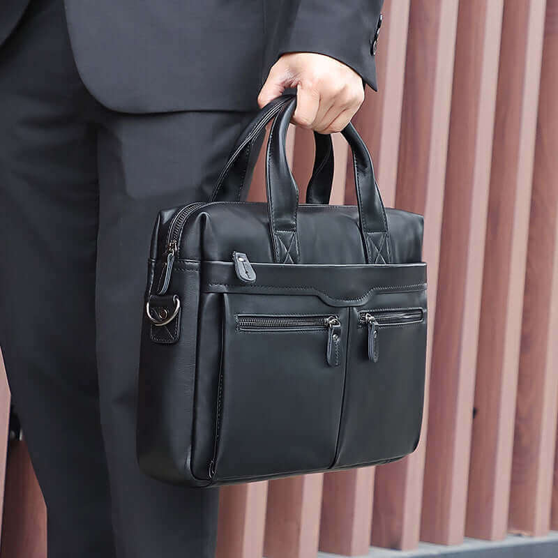 Compact design of the Men's Leather Laptop Bag for 14-inch laptops.