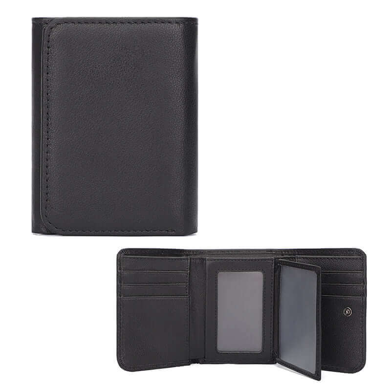 Front view of a men's genuine leather RFID wallet in black.