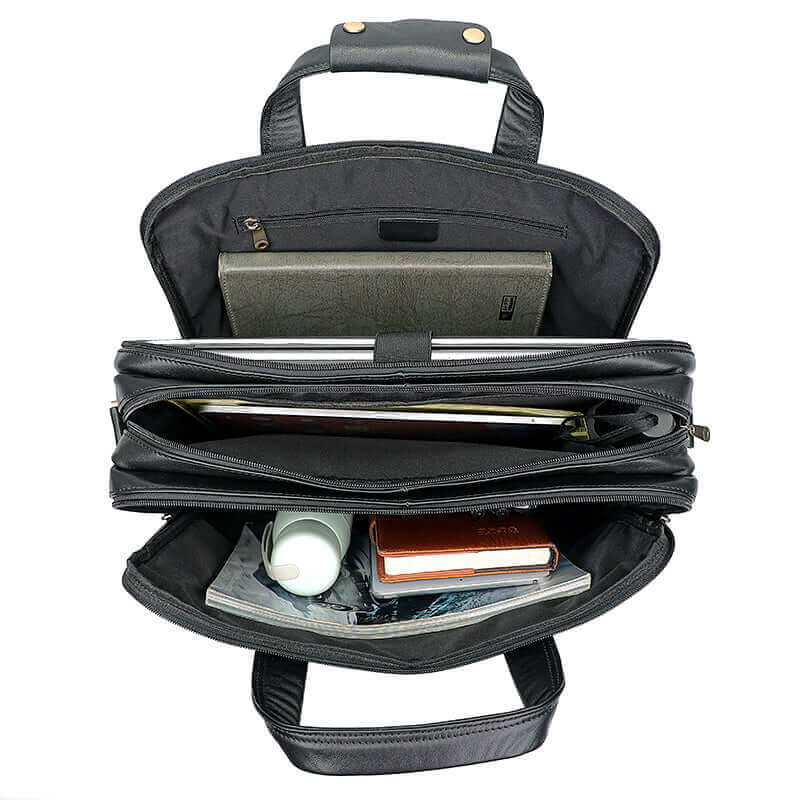 Open view showing multiple pockets of the Men's Black Leather Laptop Bag.