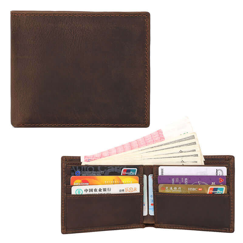 Men's leather bifold wallet with cash and card slots