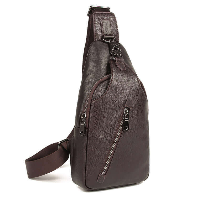 Side view of a men's leather chest bag showcasing its sleek and compact structure.