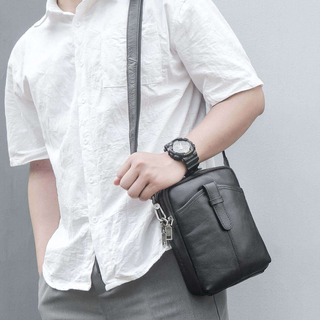 Stylish black leather men's crossbody bag for everyday essentials in New Zealand.