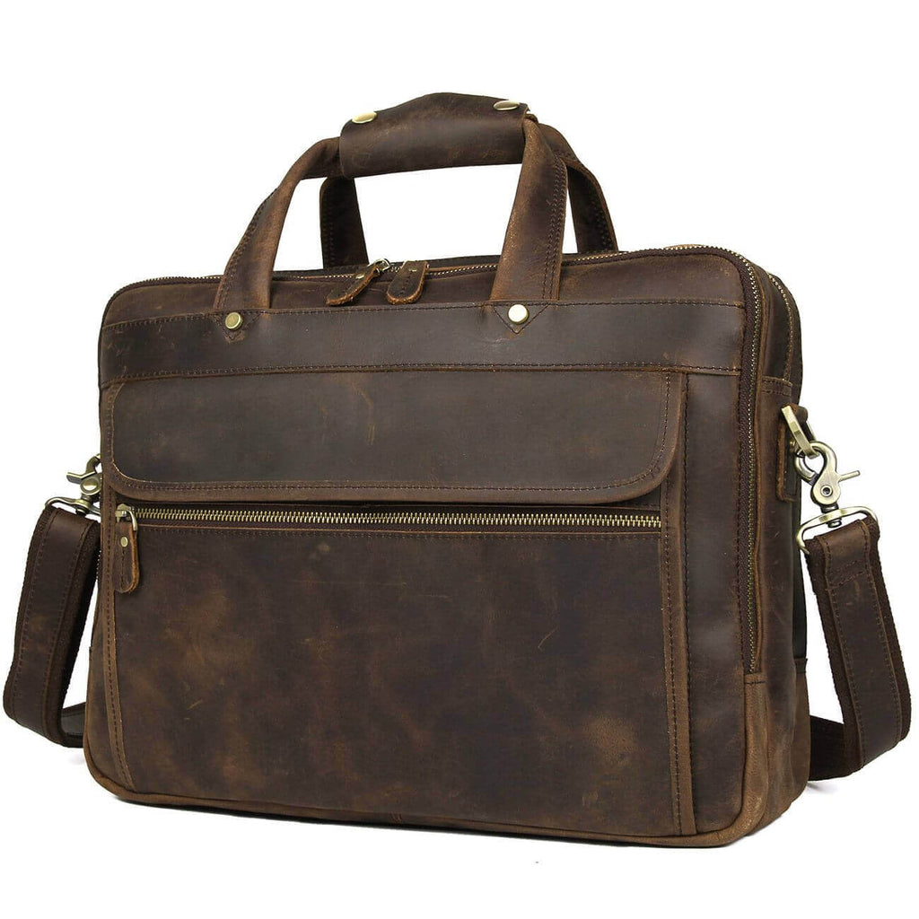 Front view of a men's vintage Crazy Horse leather laptop bag, perfect for work and travel.