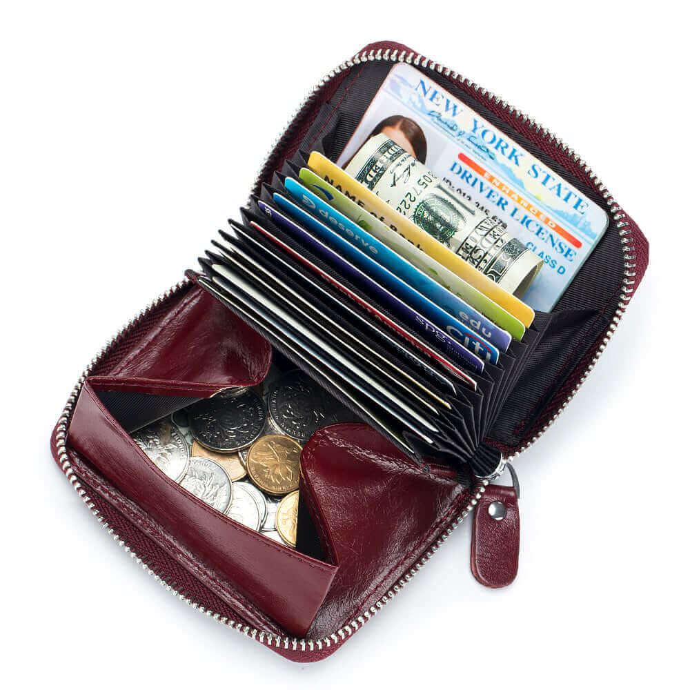 Men's leather RFID card holder with multiple slots for organization.