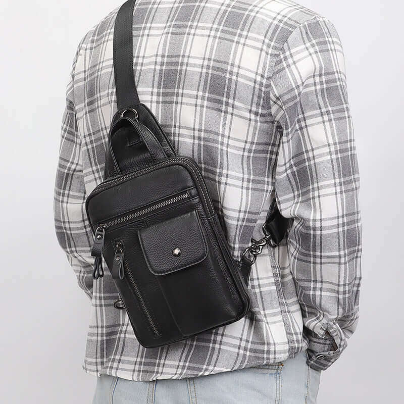 Men's leather sling bag available in New Zealand.
