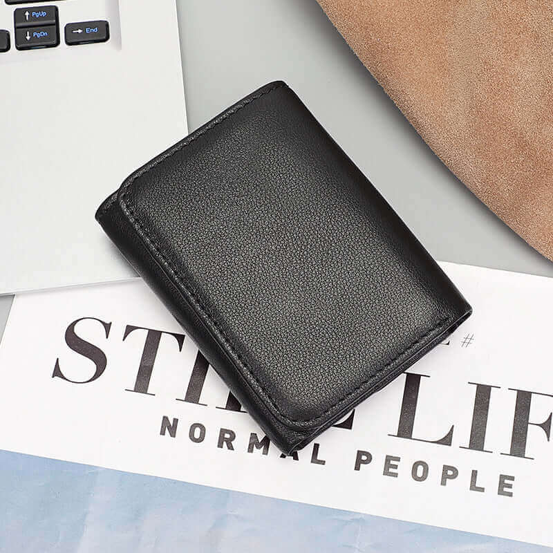 Men's leather wallet with integrated RFID technology for security.