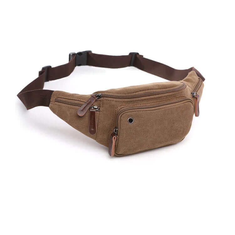 Lightweight men's canvas bum bag with zipper compartments for easy access.