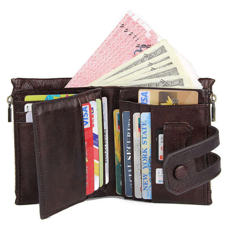 Open leather wallet showing 15 card slots and compartments