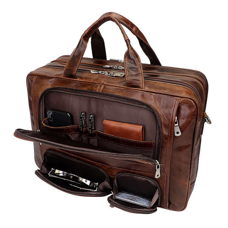 Organized compartments of the leather laptop bag.