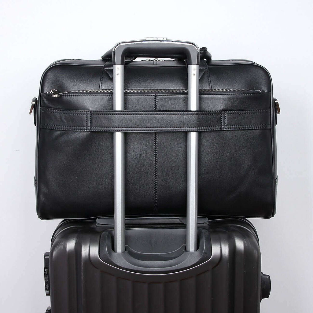 Premium leather laptop bag with ample storage for business trips.