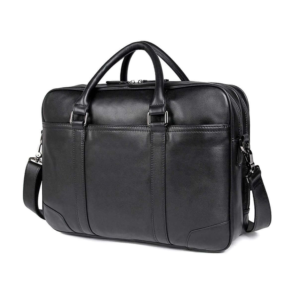 Professional leather briefcase with silver bronze hardware.