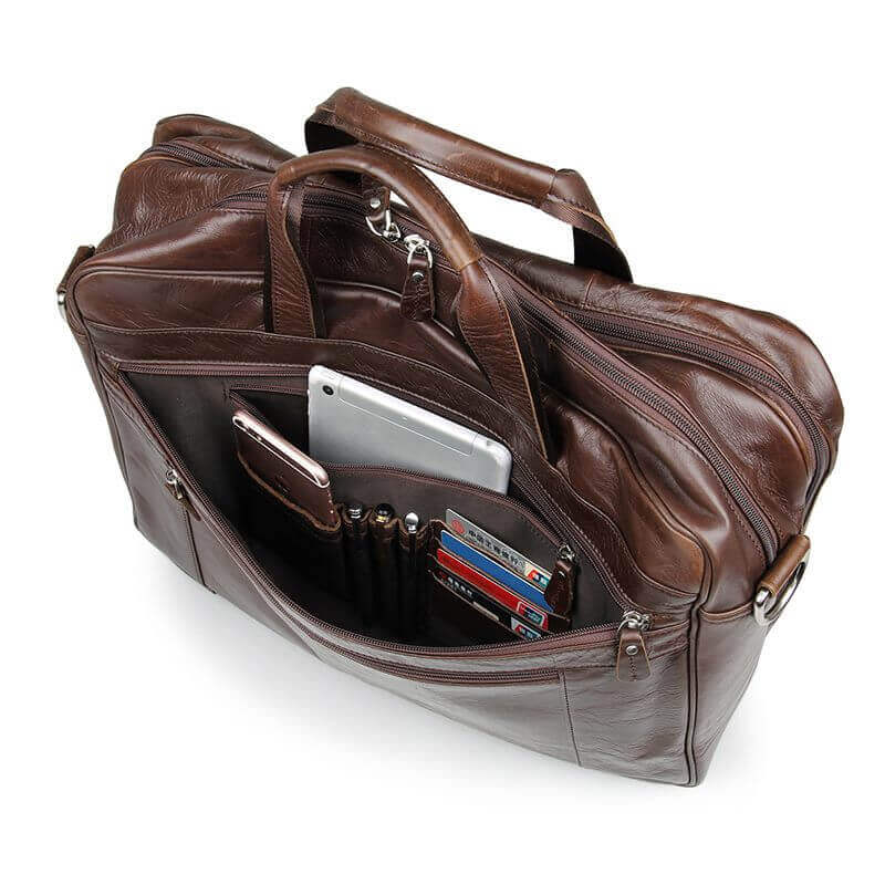 Professional leather laptop bag with top handle in brown.