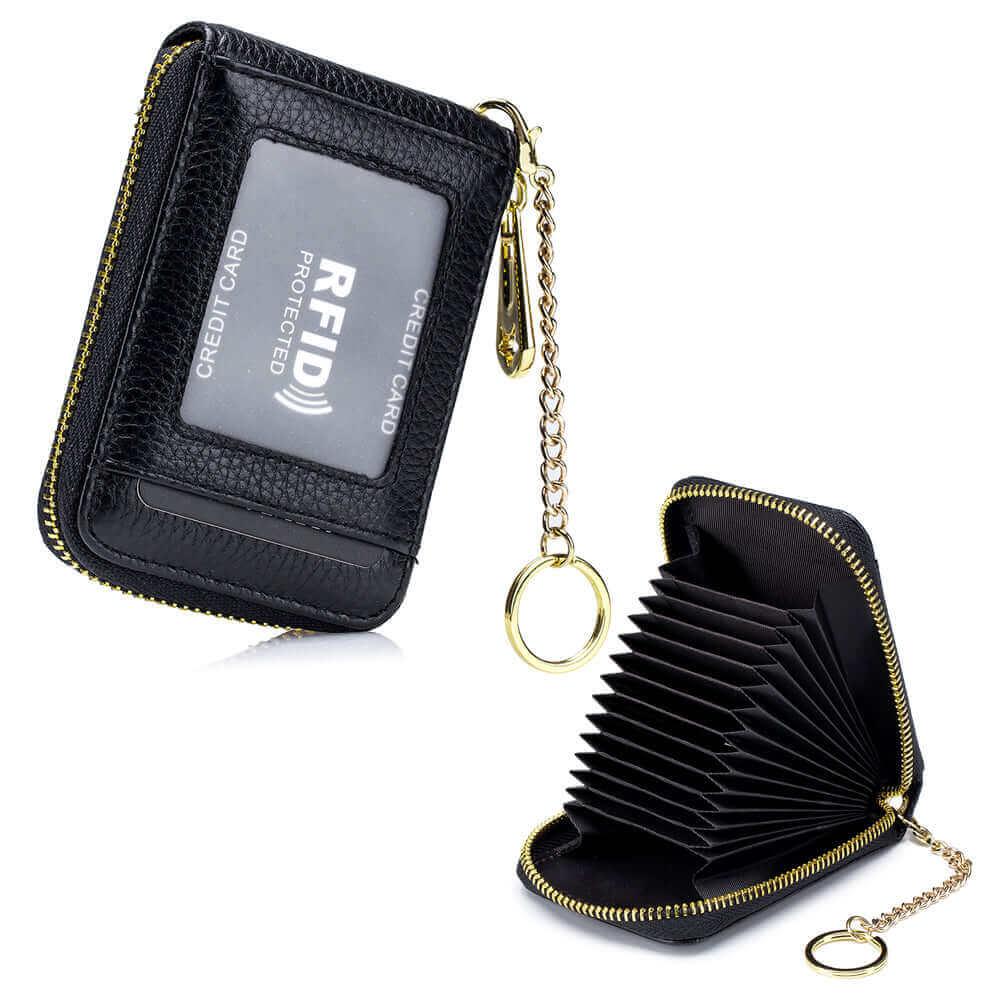 Black RFID leather card holder wallet with detachable key ring.