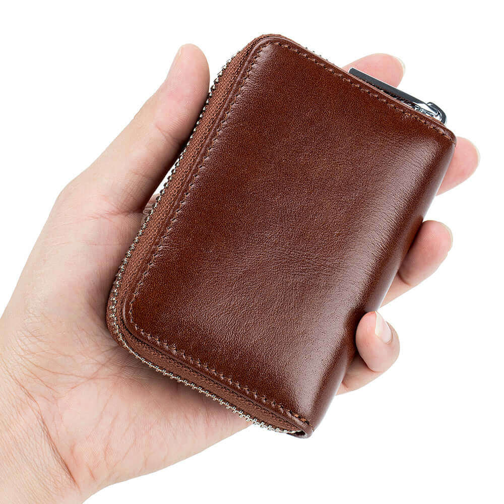 Men's RFID leather card holder with transparent window for easy card access