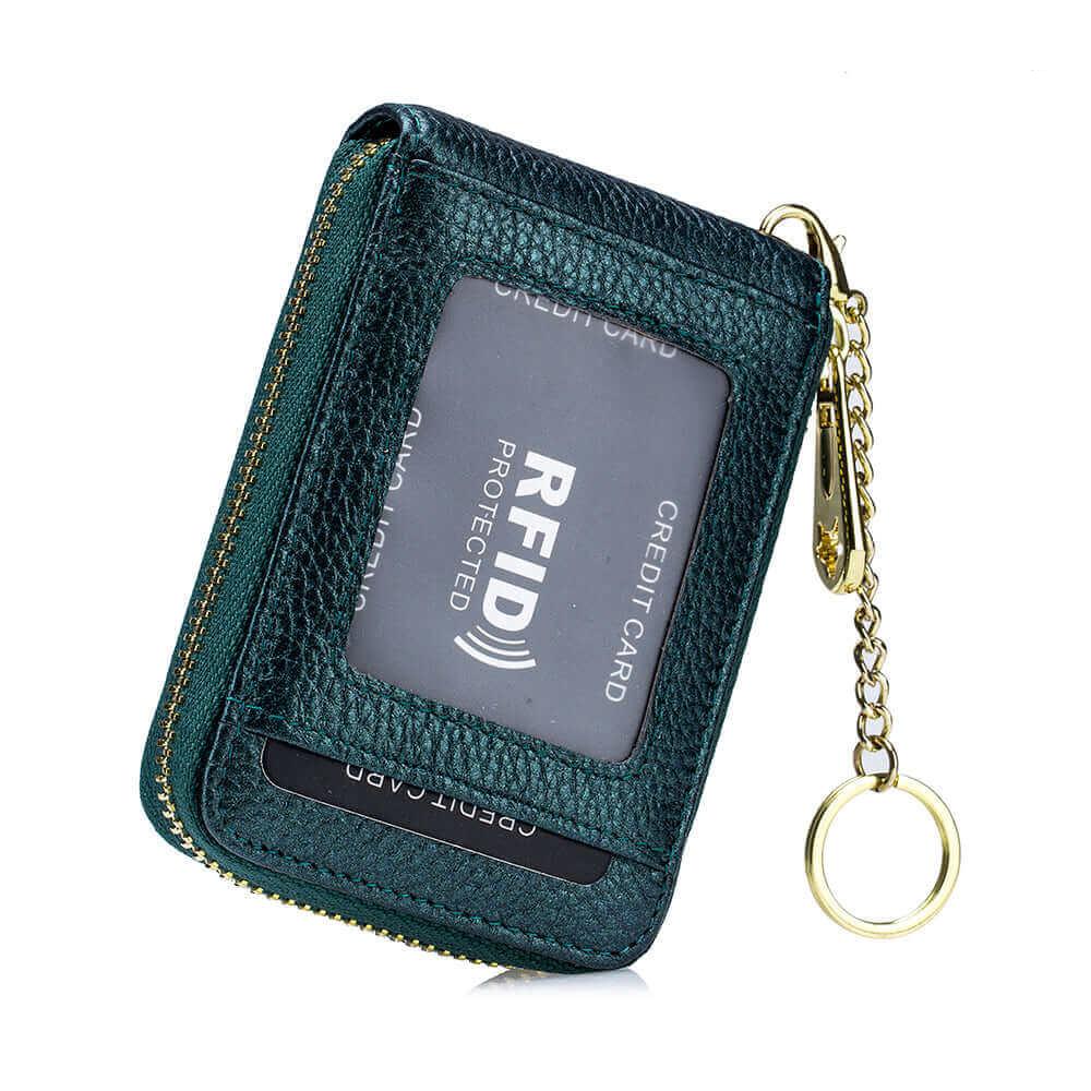 Green RFID leather card holder wallet with photo slot and coin pockets.