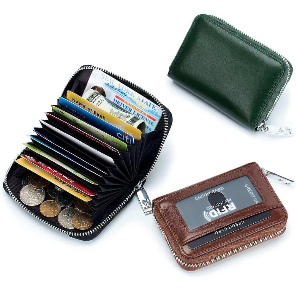 Multi-compartment RFID leather card holder for men with a secure zipper closure