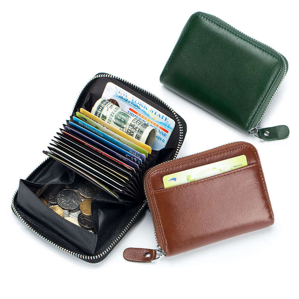 RFID wallet with dedicated compartments for cards and coins.