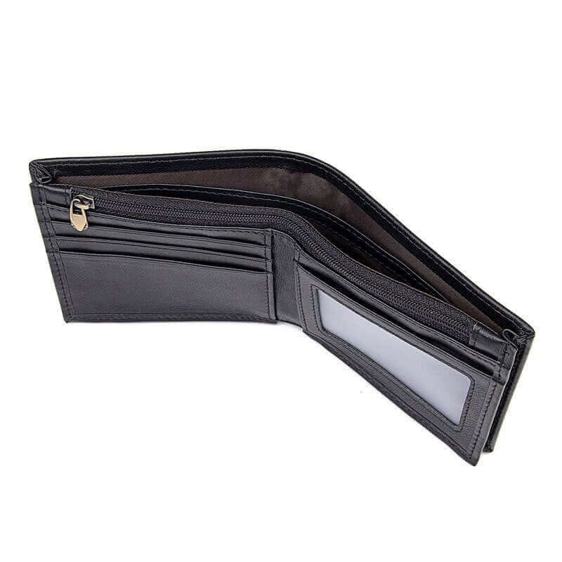 Close-up of the multiple compartments in a black RFID bifold wallet.