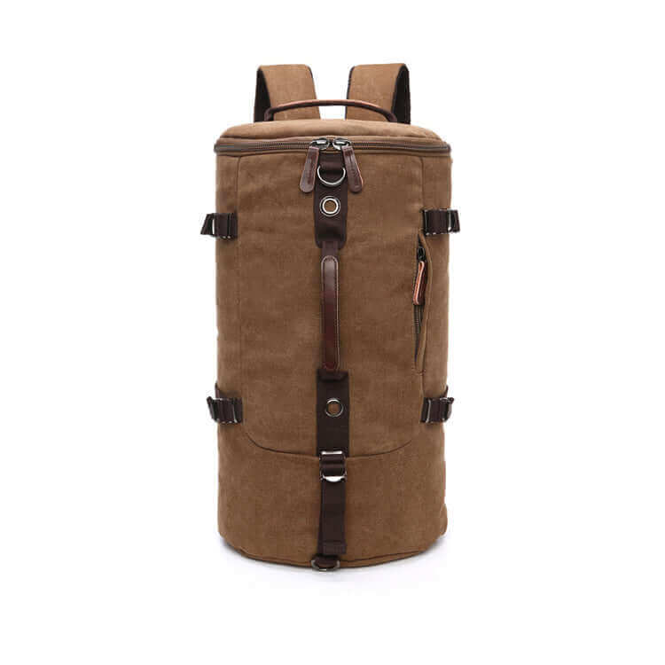 Rugged canvas duffle backpack with leather details, perfect for travel and outdoor activities.