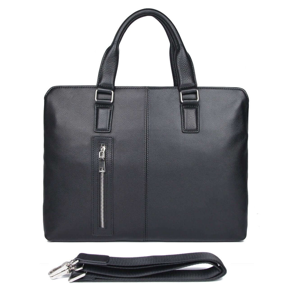 Front view of the sleek black leather laptop bag for professionals.