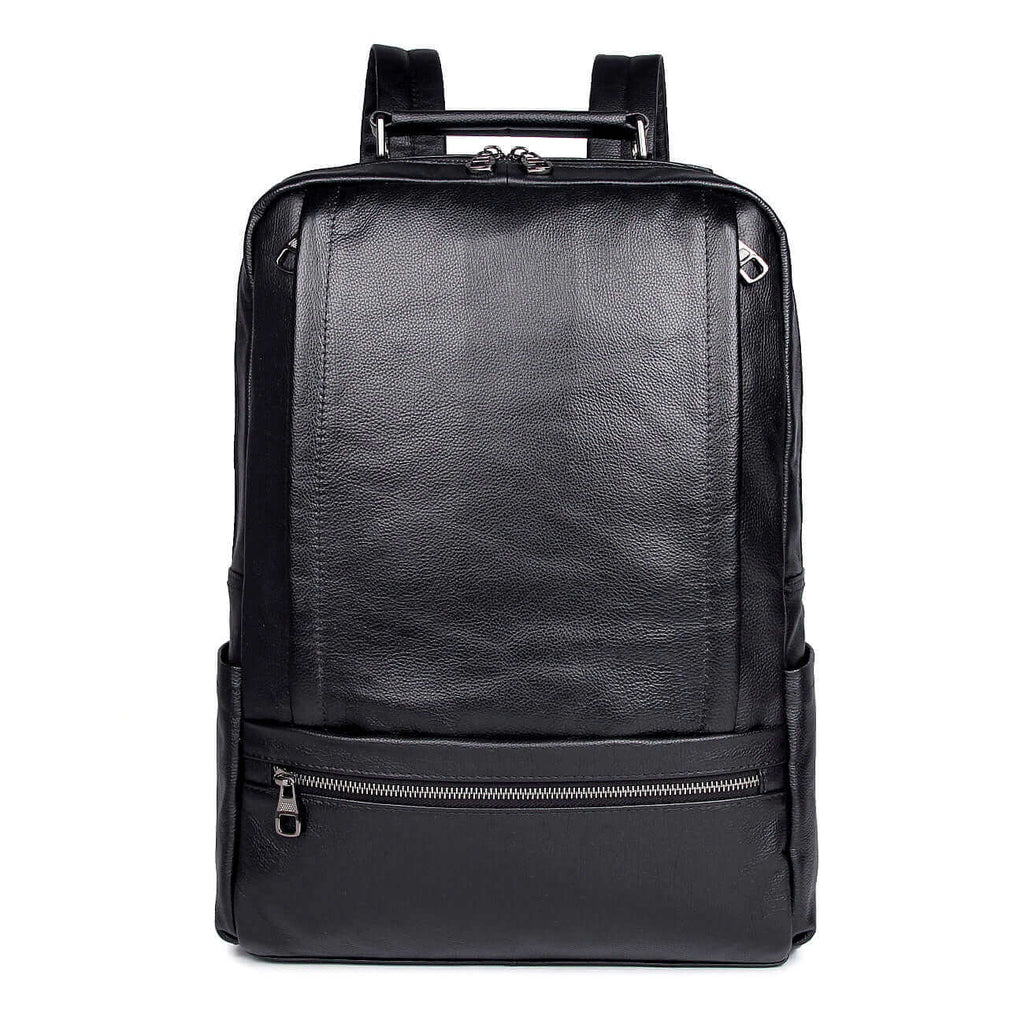 Sleek black leather backpack for work and travel in New Zealand.