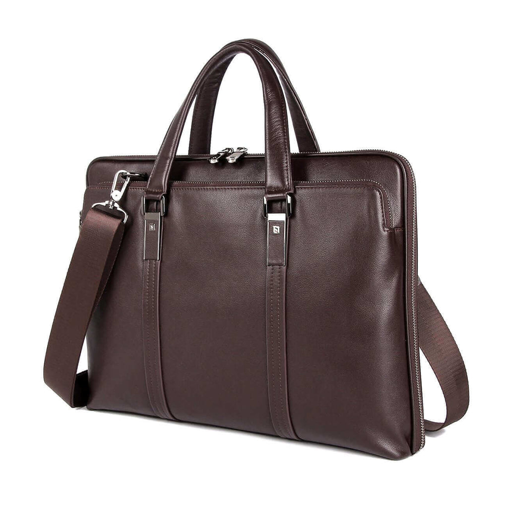 Front view of the men's slim leather laptop bag showcasing its sleek design.