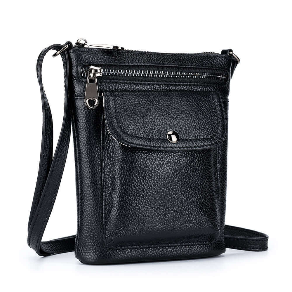 Small leather crossbody bag for women, featuring multiple pockets for easy organization.