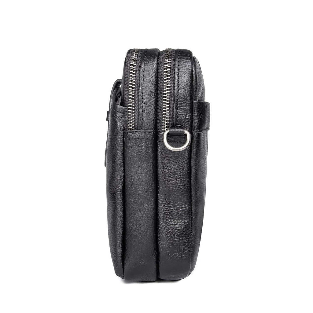 Side view of a compact black leather crossbody bag for men.