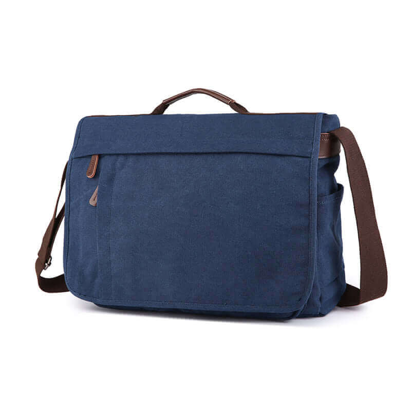 Spacious men's canvas messenger bag with ample storage for a 17-inch laptop.