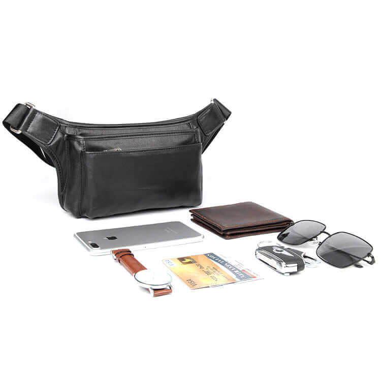 Stylish black leather waist bag perfect for travel and daily use in NZ.