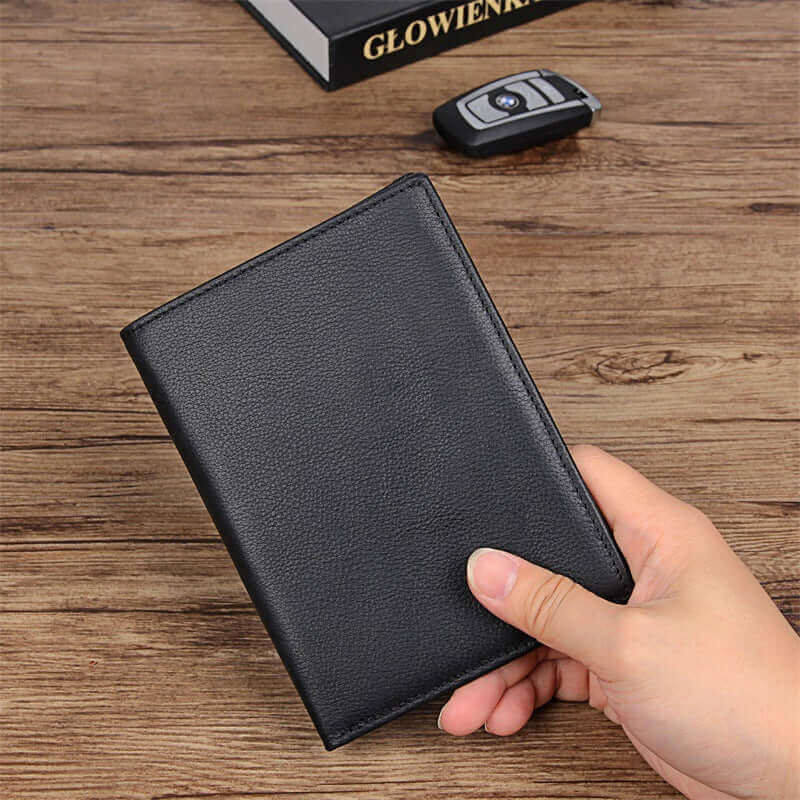 Stylish RFID leather travel wallet for passports, cards, and essentials.