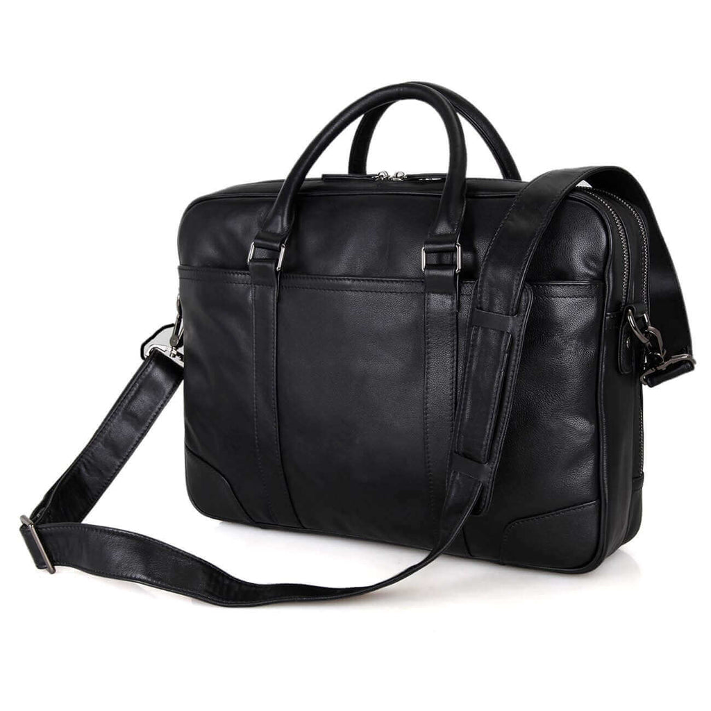 Business and travel leather briefcase with organized pockets.