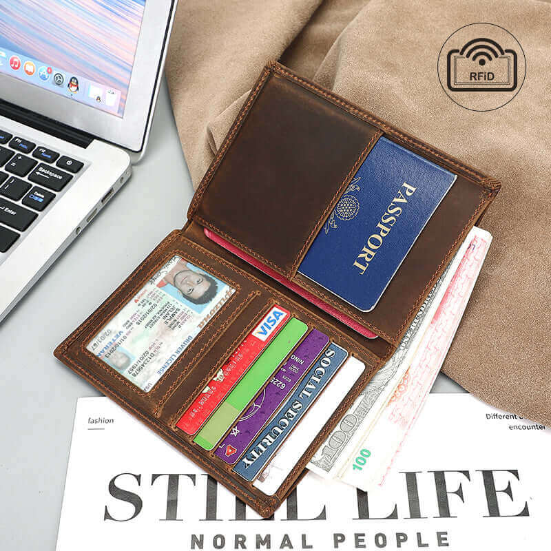 Genuine leather RFID passport holder perfect for travel.