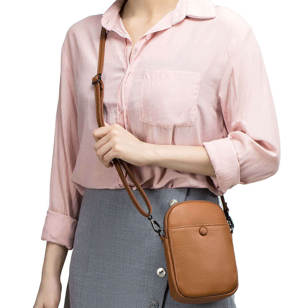 Versatile leather crossbody phone bag for women, perfect for quick errands or a night out.