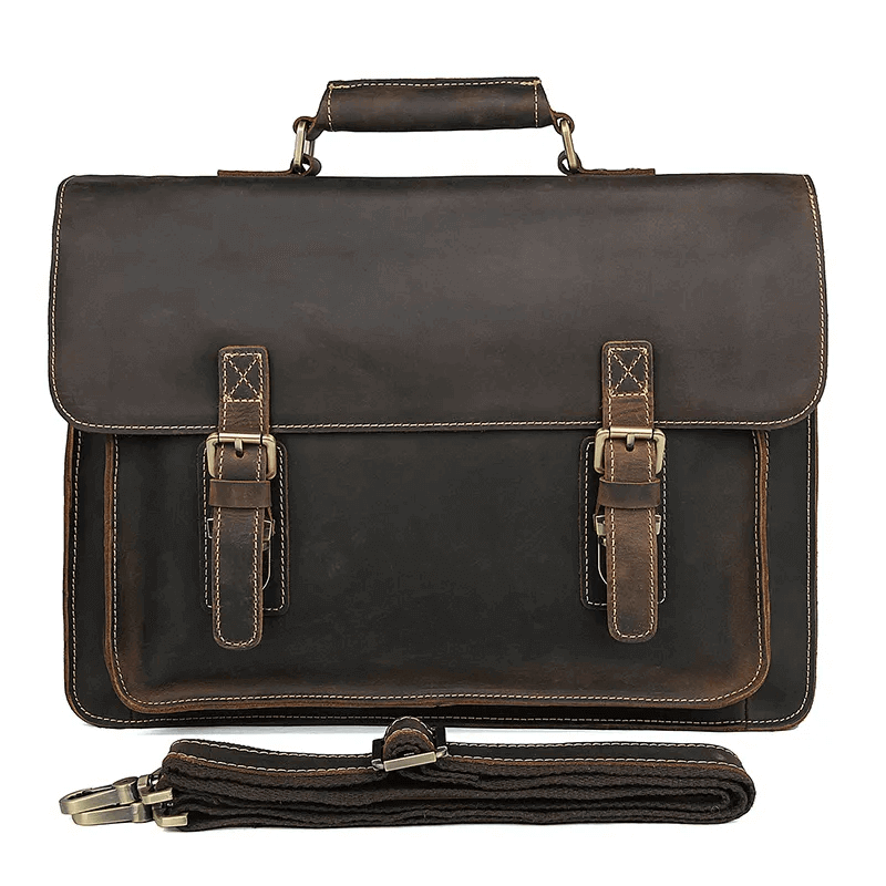 Front view of vintage crazy horse leather laptop messenger bag.
