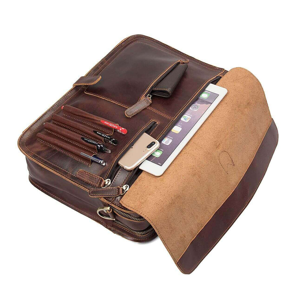 Open view showing the compartments of the vintage leather laptop bag.