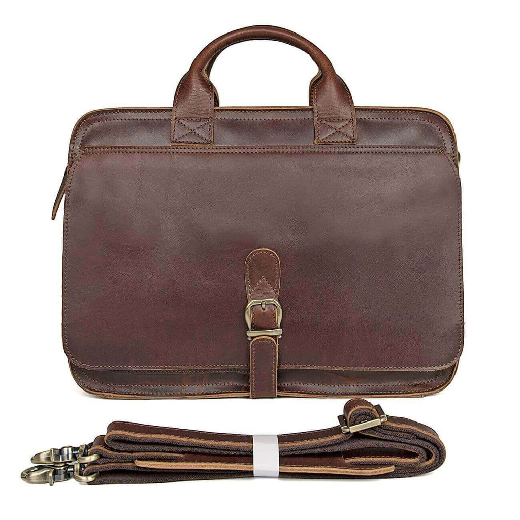 Front view of the vintage leather laptop bag in classic British style.