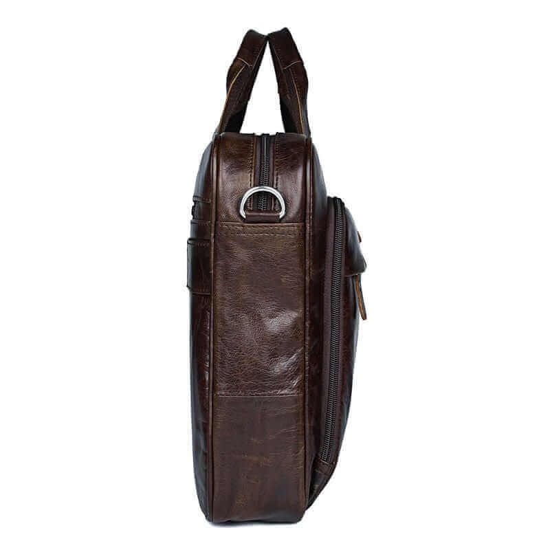 Side view of men's vintage leather laptop bag.