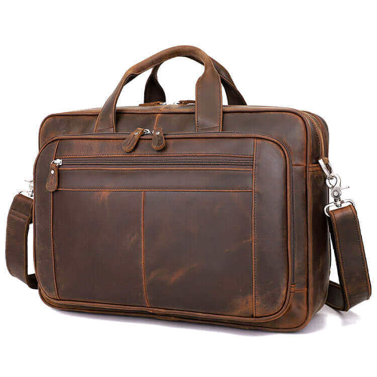 Vintage Crazy Horse Leather Laptop Briefcase with spacious compartments.