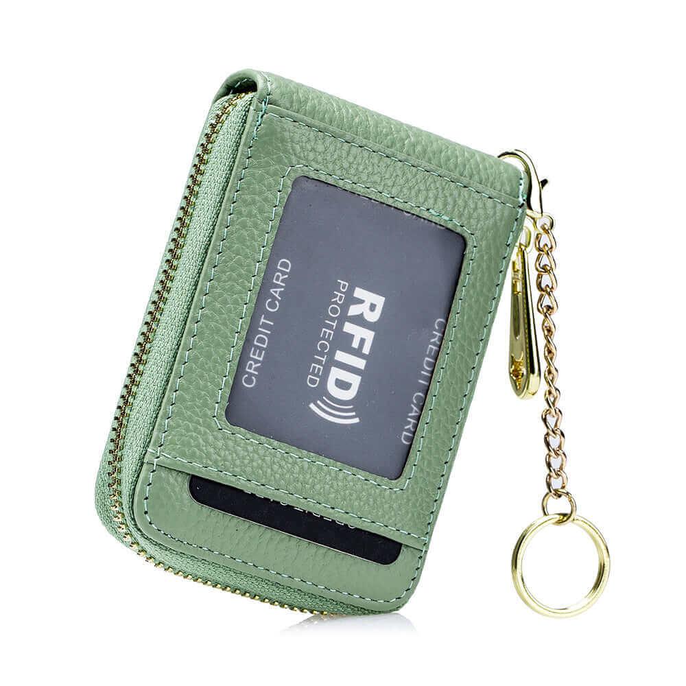 Leather card holder wallet with RFID protection for secure storage.