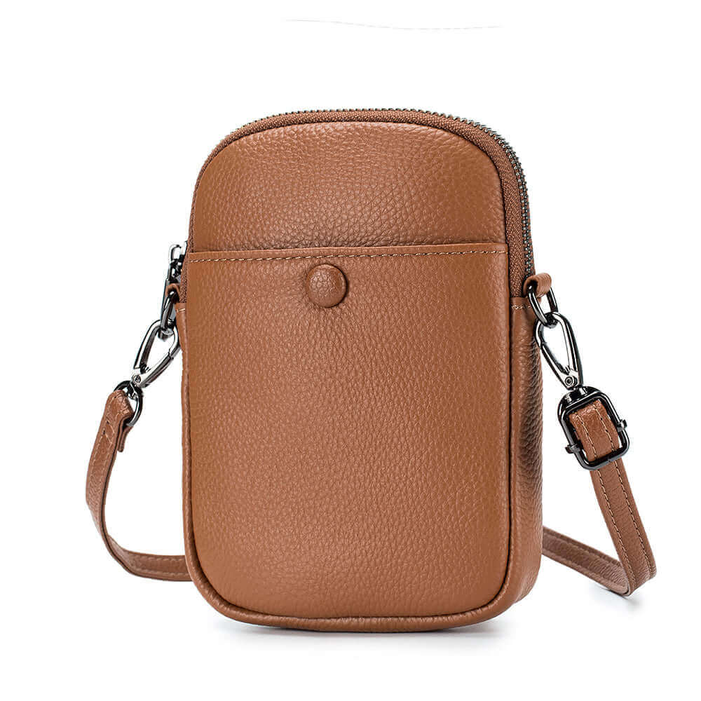 Women's genuine leather mini bag in brown, ideal for carrying a mobile phone and essentials.